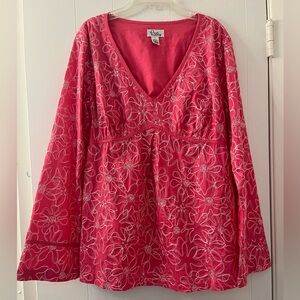 EUC Lilly Pulitzer Paradise Pink Sundial White Label Embroidered Top Large